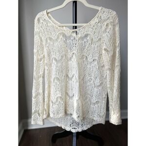 Ivory Crochet Boho Hippie Overlay Top With Bell Sleeves & Ribbon Women's Size L